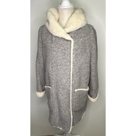 Zara Trafaluc Outerwear Women's Gray Hooded Wool Blend Coat Faux Fur Trim Size L - Picture 1 of 16